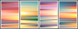 Set of summer gradient posters in minimal style. Beautiful ocean beach horizon with sunrise or sunset. Trendy design with ambient soft blurred background for banner, flyer, cover or invitation