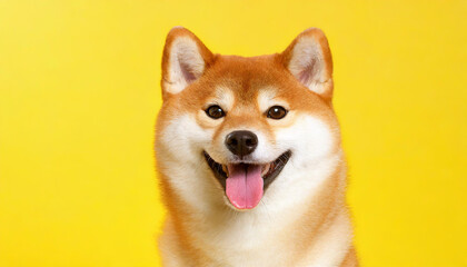 Happy smiling shiba inu dog isolated on yellow orange background with copy space. Red-haired Japanese dog smile portrait