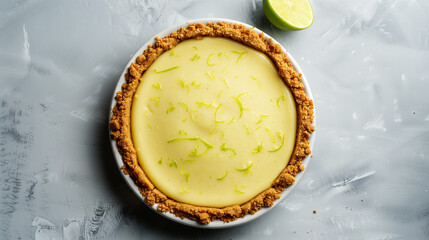 Savor the zesty tang of our delightful creation featuring a graham cracker crust brimming with a smooth and tangy key lime filling. Set against a serene grey background, this irresistible dessert 