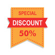 discount 50% ribbon style badge form best price best deal discount big offer cheap price sheet yellow and red badge yellow background