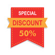 discount 50% ribbon style badge form best price best deal discount big offer cheap price sheet yellow and red badge red background