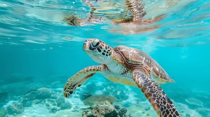 Poster - A majestic sea turtle gracefully swimming through crystal-clear ocean waters