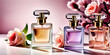 Fresh spring romantic image, stylish transparent glass perfume bottles. Stylish parfumerie banner