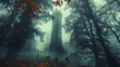 Mysterious figures move through trees rustling leaves lone tower in fog. Concept Mystery, Nature, Solitude, Fog, Intrigue