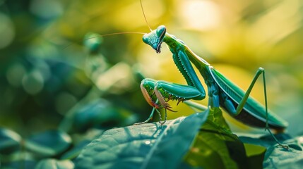 Aufkleber - A praying mantis blending perfectly with the greenery as it hunts for prey on a leaf