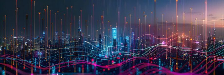 Poster - Smart city and abstract dot point connect with gradient line and aesthetic Intricate wave line design , big data connection technology concept .