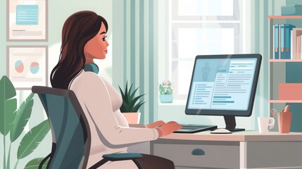 Poster - Woman Sitting at Desk With a Computer
