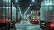 A flurry of activity at the loading dock, where workers coordinate among trucks under the stark, bright light of fluorescent, capturing a dynamic industrial ballet, close-up