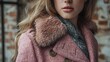 A pastel pink wool coat with a faux fur collar, adding a touch of femininity and luxury