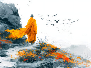 a man in an orange robe standing on a path in a mountain landscape. 