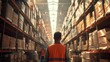 In the heart of a warehouse bathed in earth tones, workers wearing reflective vests methodically scan merchandise, capturing the essence of modern logistics operations, close-up