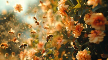 Poster - A swarm of bees buzzing around a flower-filled bush, their presence vital for pollination