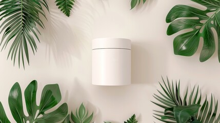 Sticker - Decorative white cylinder on a tropical palm leaf background for cosmetic display. Also known as a flat lay. This is a top view of the 3D model.