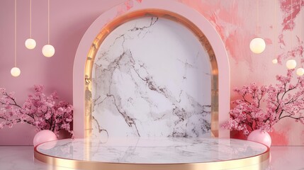 Wall Mural - Gold, marble, and pink podium backdrop for beauty, fashion, and luxury product displays. 3D render.