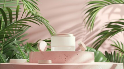 Leinwandbilder - The beauty podium backdrop with tropical palm leaves is a natural backdrop for cosmetic product displays.