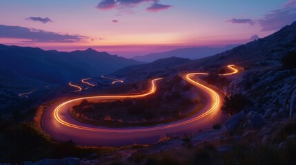 Poster - A winding road illuminated by car headlights against the backdrop of a twilight sky