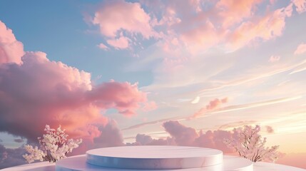 Poster - Beautiful backdrop for product display with dreamy sky background. Romantic 3D scene.