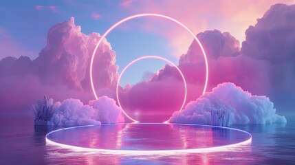 Sticker - An elegant 3D seascape scene with a cloud backdrop and neon lights.