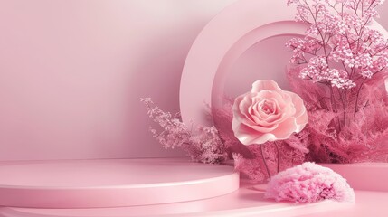 Poster - An attractive backdrop with a pink rose flower for a product display. 3D rendering.