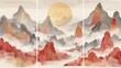 Watercolor Floating Mountains background with gold line art. Designed for home decor, office décor, and wallpaper.