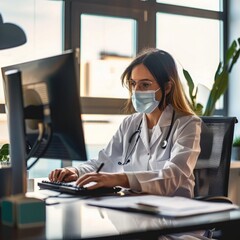 Poster - Woman in Medical Mask Working on Computer