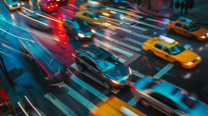 Aufkleber - Blurred motion of vehicles navigating a busy intersection under the cover of darkness