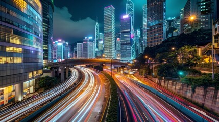 Aufkleber - Bright cityscape with traffic streaming along roads as day transitions into night
