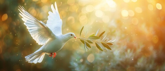 Sticker - There is a white dove carrying olive branches in a beautiful light and lens flare. With the freedom concept and international day of peace, this is a free clipping path.