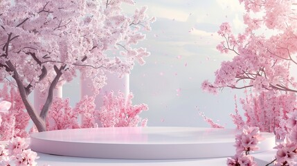 Poster - Three-dimensional rendering of a natural beauty podium backdrop with a cherry blossom landscape scene in spring.