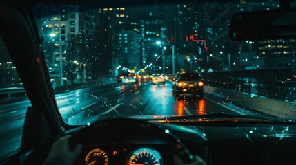 Poster - city skyline seen through the windshield of a car driving along a busy nighttime road