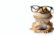 a happy looking bearded frog wearing thin rimmed glasses isolated on a white background copy space