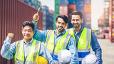 Fototapeta Na sufit - Portrait of Engineer or foreman team pointing up the future  with cargo container background at sunset. Logistics global import or export shipping industrial concept.