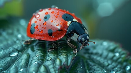 Poster - Green leaf holding a ladybug.