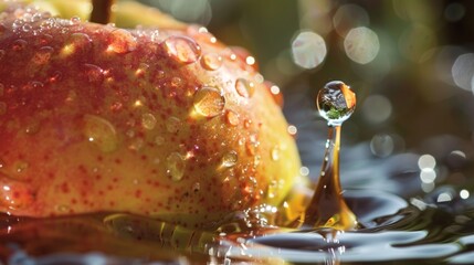 Poster - Close-up of a crystal-clear water droplet about to fall from a ripe pear