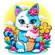 Kitty Cat Cute and happy Summer Cartoon Character with ice cream flowers and Strawberries illustration isolated on white. 