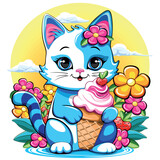 Fototapeta Pokój dzieciecy - Kitty Cat Cute and happy Summer Cartoon Character with ice cream flowers and Strawberries vector illustration isolated on white. © BluedarkArt TheChameleonArt