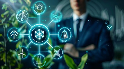 Poster - A concept of sustainable development with icons depicting renewable energy, natural resources preservation, and environmental protection in connected gears, with the silhouette of a businessperson in