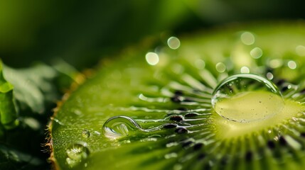 Poster - Crisp focus on a pristine water droplet adorning a luscious green kiwi