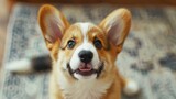Fototapeta  - Cute corgi puppy looking up with an endearing smile, melting hearts instantly