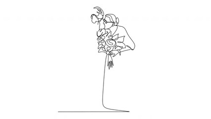 Wall Mural - Elderly couple in continuous line art drawing style. Senior man and woman walking together holding hands. Minimalist black linear sketch isolated on white background. Vector illustration. Manual work 