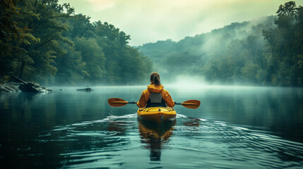 Wall Mural - A woman paddling a kayak on a calm lake.