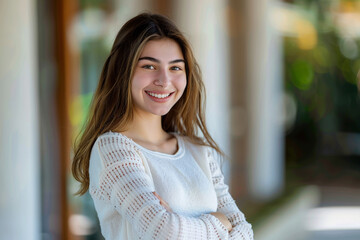 young pretty woman looking like a happy, proud and satisfied achiever smiling with arms crossed