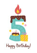 Happy birthday. Candle number, gifts, Cake, star. Five. Vector illustration isolated on white