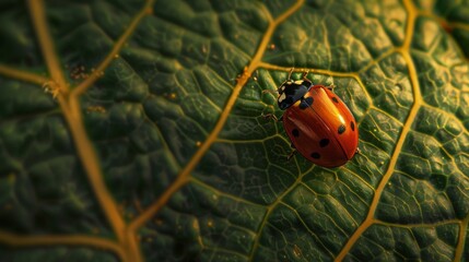 Poster - Macro shot capturing a ladybug exploring the intricate veins of a leaf