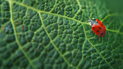 Poster - Macro shot capturing a ladybug exploring the intricate veins of a leaf