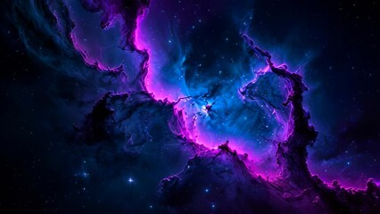 Wall Mural - Video animation of vibrant depiction of a cosmic scene a nebula in space. The dominant colors are deep blue and purple with hints of pink,
