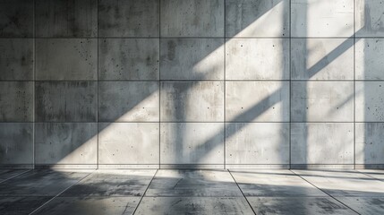 The interplay of light and shadow creates geometric patterns on a smooth concrete wall and floor.