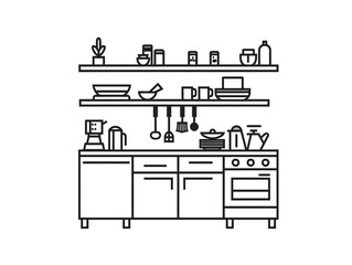 Wall Mural - Illustration of a modern kitchen cabinet with a black and white outline style. Minimalistic and complete with kitchen utensils and crockery.