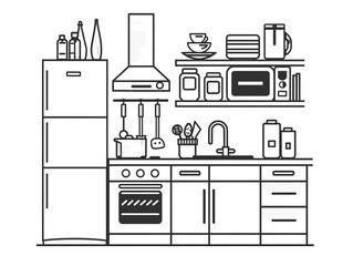 Wall Mural - Illustration of a modern kitchen cabinet with a black and white outline style. Minimalistic and complete with kitchen utensils and crockery.