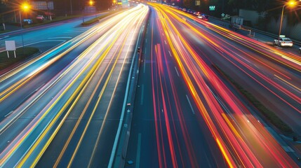 Poster - Taillights of vehicles streaking along an urban expressway during the late evening rush